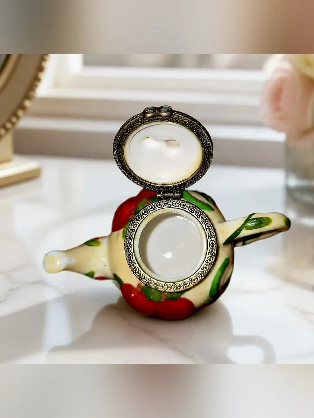 Miniature Hand-Painted Apple Teapot Hinged Trinket Box